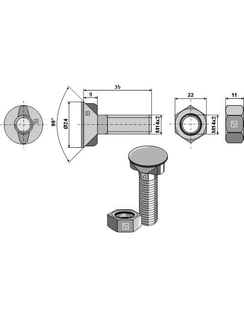 Boulon de charrue M14x2x35 avec écrou hexagonal