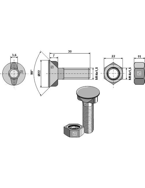 Boulon de charrue M14 x 1,5 x 30 avec écrou hexagonal