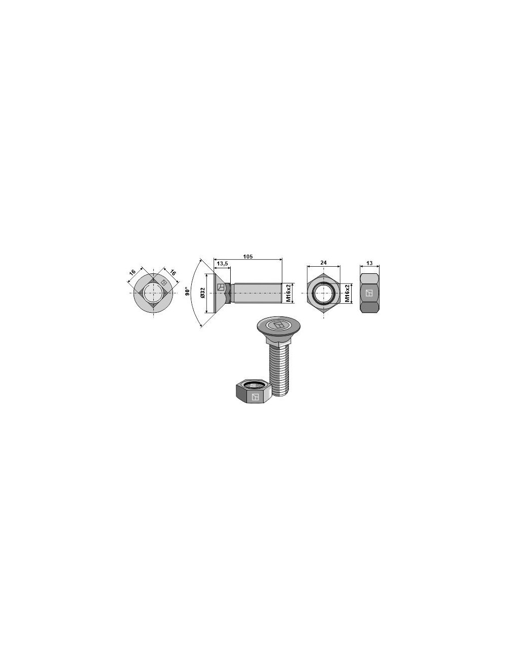 Boulon de charrue DIN 608 M16x2x105 avec écrou hexagonal