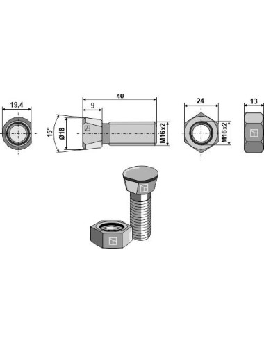 Boulon de charrue M16 x 2 x...