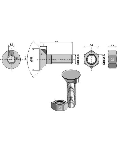 Boulon de charrue similaire au DIN 604 M16 X 1,5 X 60 et écrou hexagonal