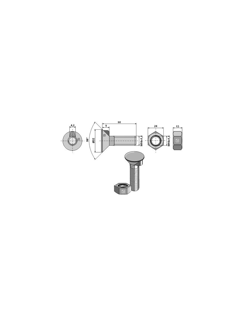 Boulon de charrue similaire au DIN 604 M16 X 1,5 X 60 et écrou hexagonal