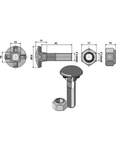 Boulon de charrue M10 x 1,5 x 45 et écrou hexagonal