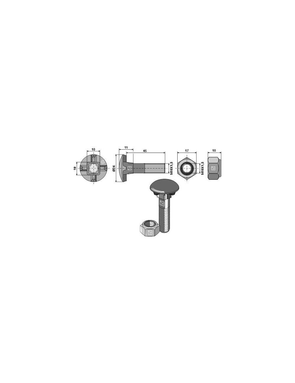 Boulon de charrue M10 x 1,5 x 45 et écrou hexagonal
