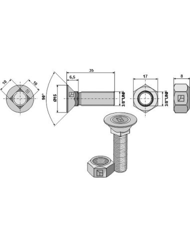 Boulon de charrue 3/8'' UNF et écrou hexagonal