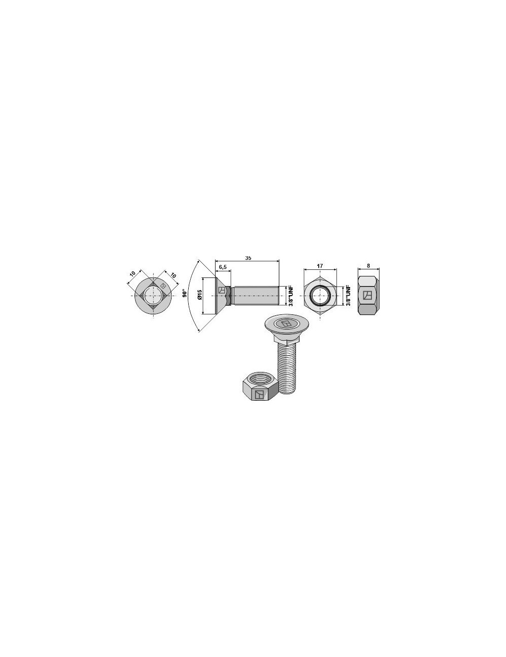 Boulon de charrue 3/8'' UNF et écrou hexagonal