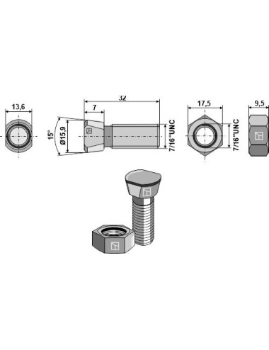 Boulon de charrue 7/16''UNCx32 avec écrou hexagonal