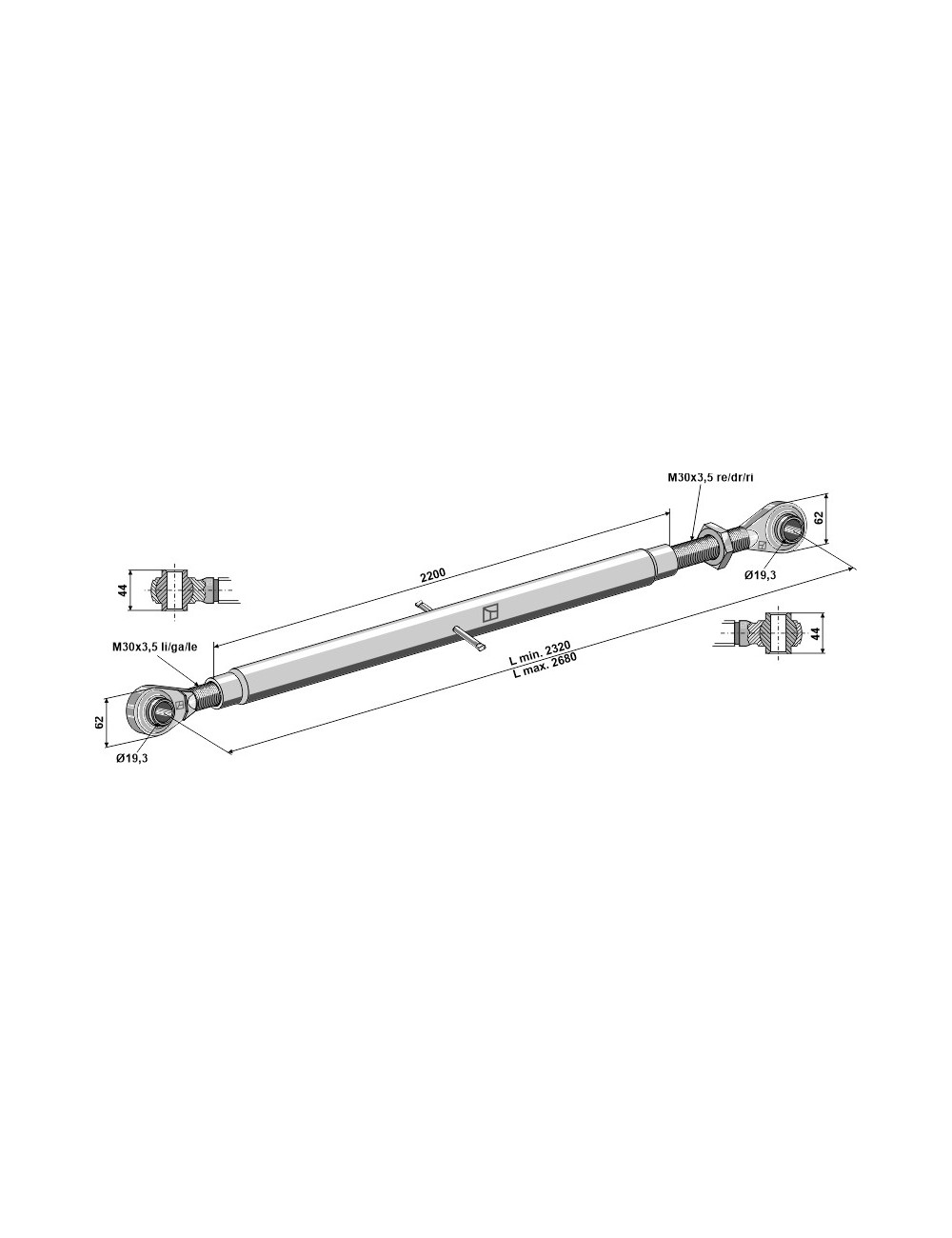 Barre de poussée de à bornes traîtées M30x3,5