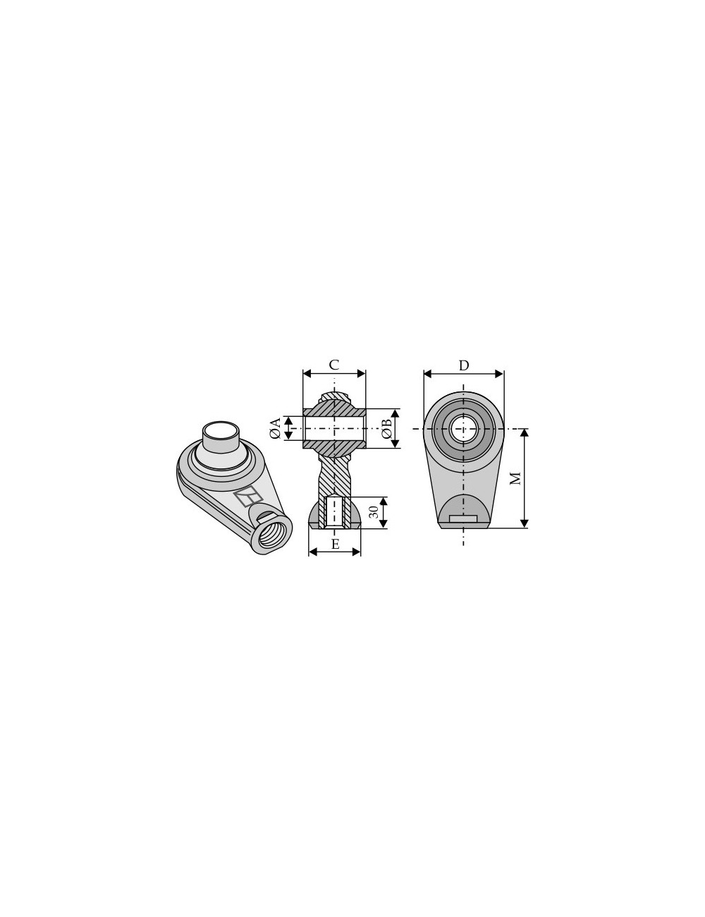 Rotule avec filet intérieur M38 x 2 pour barres de poussée
