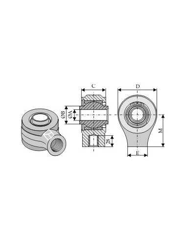 Rotule avec filet interieur M38 x 2 pour barres de poussée