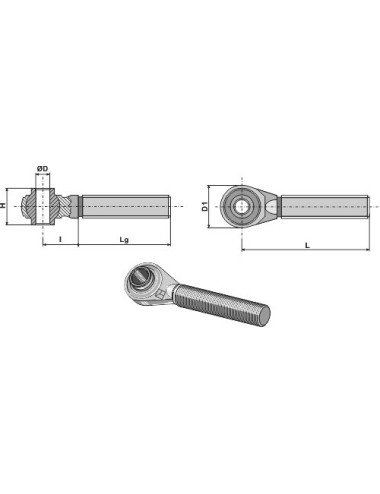 Borne à rotule traîtée pour barres de poussée M30 x 3,5