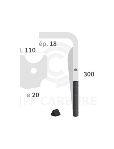 Dent de herse rotative droite 3 plaquettes carbure triangulaires, fixation rapide.