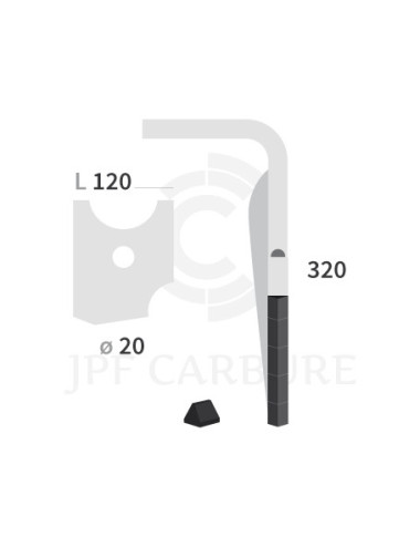 Dent de herse rotative droite 3 plaquettes carbure triangulaires, fixation rapide.
