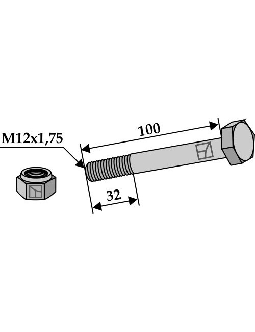 Boulon avec écrou à freinage interne - M12x1,75 - 8.8