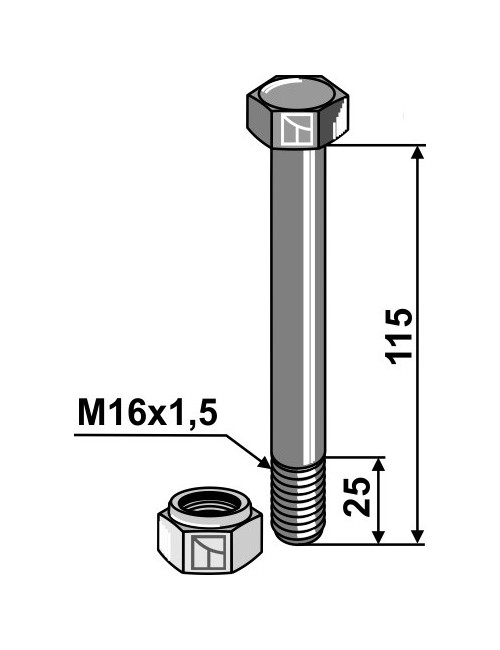 Boulon avec écrou à freinage interne - M16x1,5 - 8.8