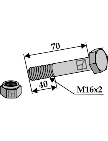 Boulon avec écrou à freinage interne - M16 x 2 - 10.9