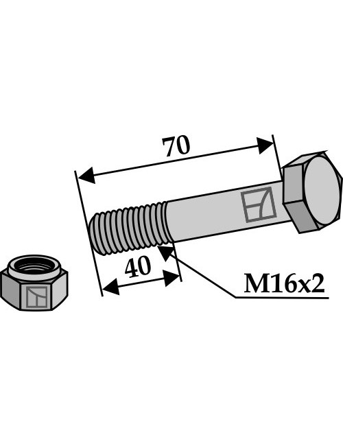 Boulon avec écrou à freinage interne - M16 x 2 - 10.9