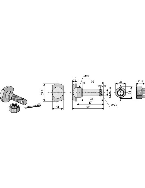 Boulon M 20 x 35 - 12.9 pour couteau avec écrou à créneaux dégagés