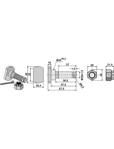 Boulon M 20 x 1,5 pour couteau avec écrou à créneaux dégagés