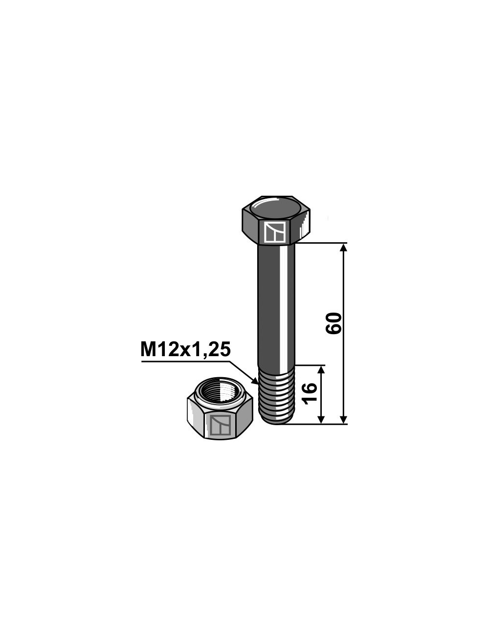 Boulon avec écrou à freinage interne - M12x1,25 - 10.9