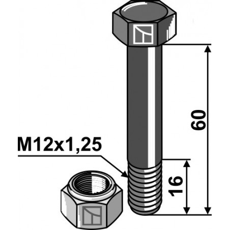 Boulon avec écrou à freinage interne - M12x1,25 - 10.9