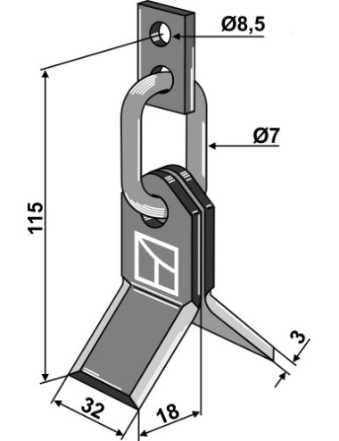 Couteau-Y avec maillon de chaîne et éclisse de fixation
