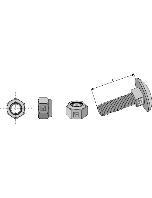 Boulon à tête bombée M12x1,75x45 - 8.8 avec écrou à freinage interne adaptable pour racloirs - M12 x 1,75 - 8.8