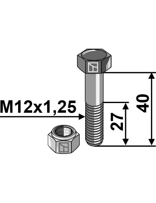 Boulon avec écrou à freinage interne - M12x1,25x40 - 12.9