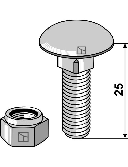 Boulon à tête bombée avec écrou à freinage interne adaptable M10 x 1,5 x25- 8.8