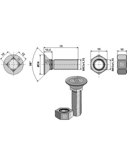 Boulon de charrue DIN 608 avec écrou hexagonal