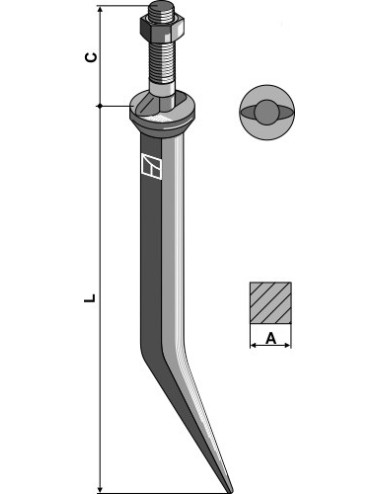 Dent de herse à semaille en acier au bore, collet à 2 taquets le long du sens de la marche