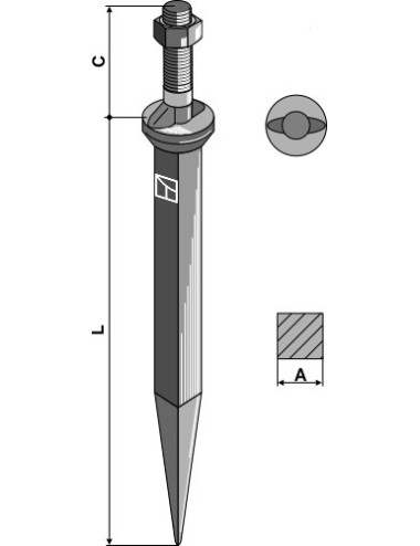 Dent de herse à semaille en acier au bore, collet à 2 taquets le long du sens de la marche