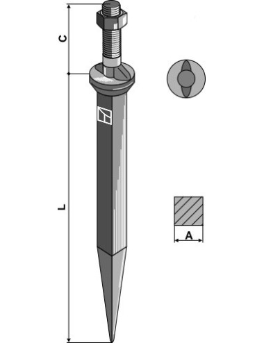 Dent de herse à semaille en acier au bore, collet ovale le long du sens de la marche