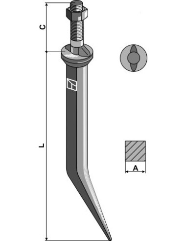 Dent de herse à semaille en acier au bore, collet ovale en direction du sens de la marche