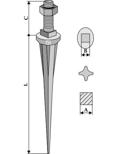 Dent de herse coniques à ailettes "étoile" traitée, droite
