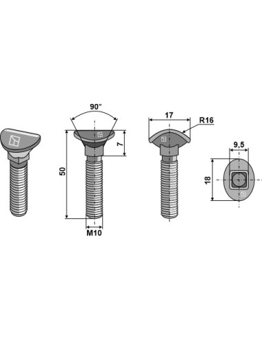 Boulon de cultivateur - M10x50 - 10.9