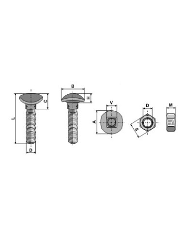 Boulon à tête  ovale, collet carré et écrou hexagonal - M10 - 12.9