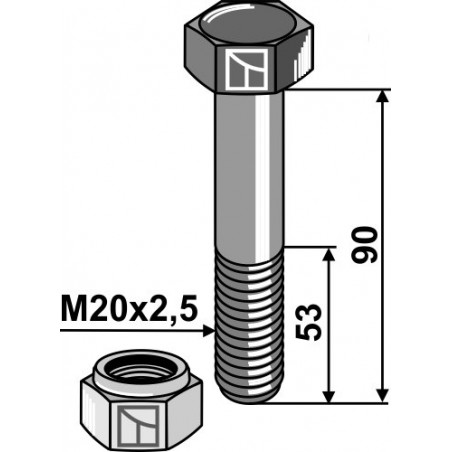 Boulon avec écrou à freinage interne - M20 x 2,5 - 8.8