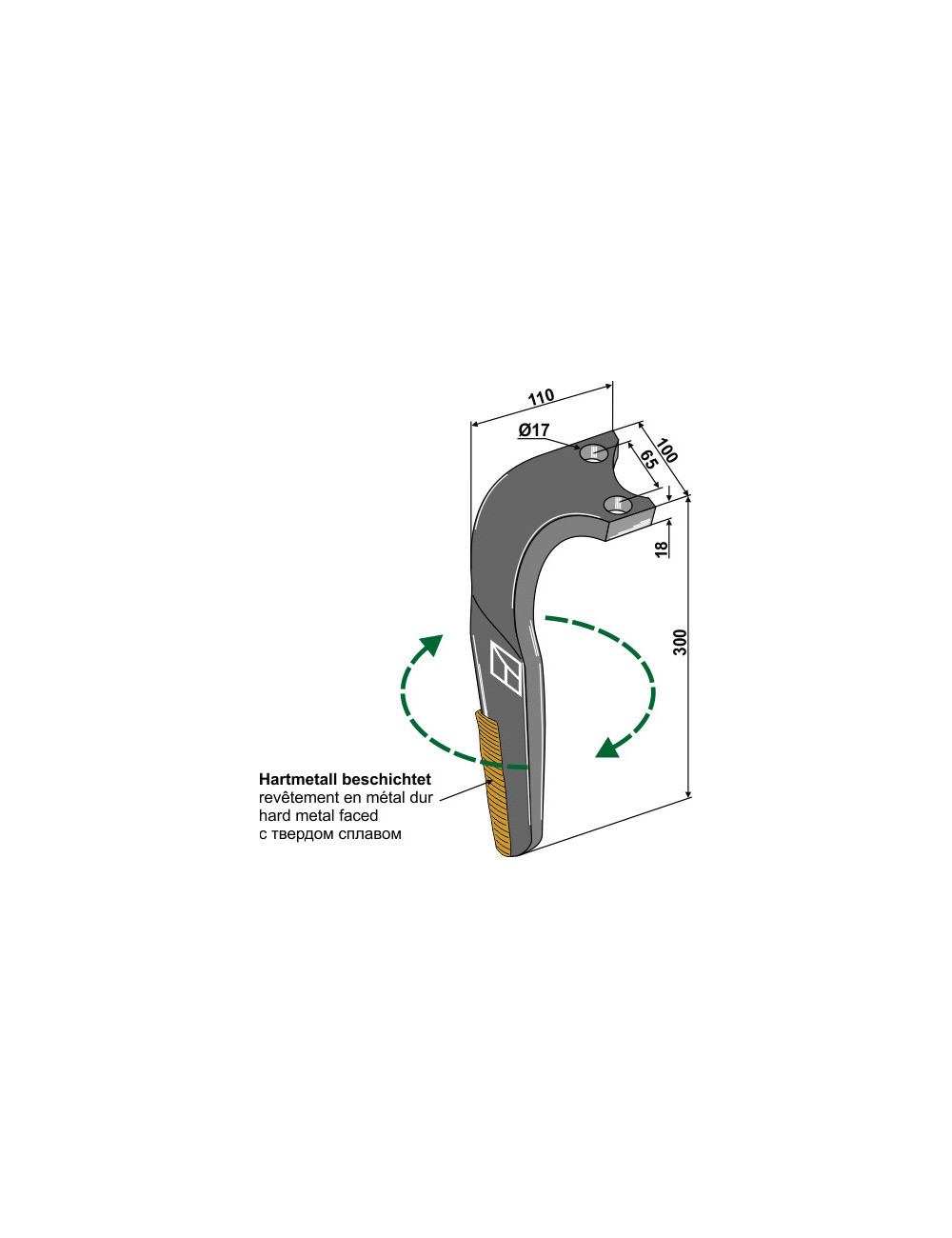 Dent pour herses rotatives, revêtement en métal dur, modèle droit