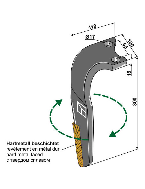 Dent pour herses rotatives, revêtement en métal dur, modèle droit