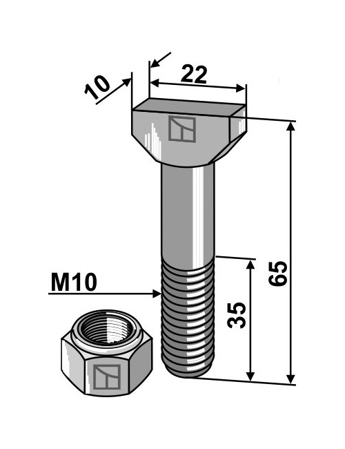 Boulon à tête rectangulaire 10x65 avec écrou à freinage int. 8.8