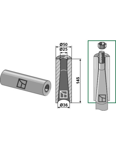 Entretoise à souder pour dent de chargeur de balles rondes avec filet M22