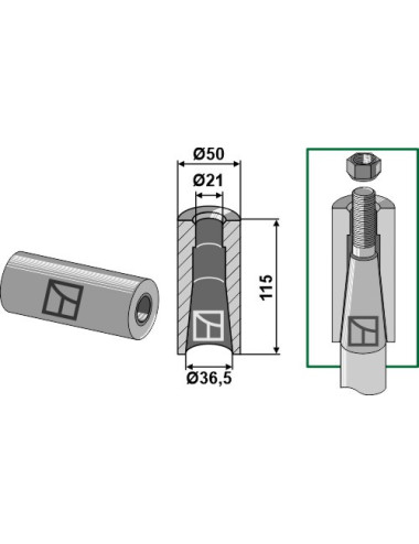 Entretoise à souder pour dent avec filet M20