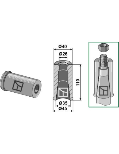Entretoise à souder pour dent avec filet M24