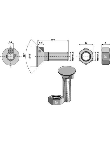 Boulon de charrue DIN 604 M10 x 1,5 x 100 et écrou hexagonal