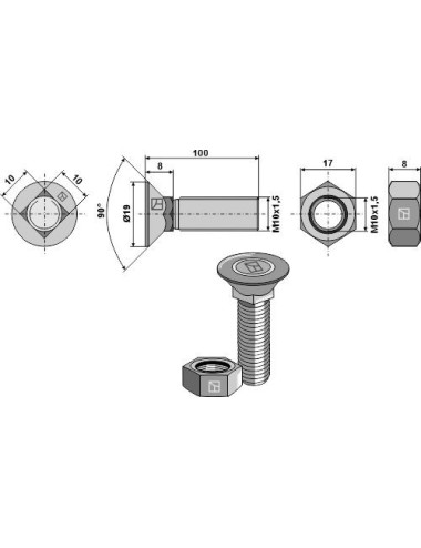 Boulon de charrue DIN 608 M10 X 1,5 X 100 et écrou hexagonal