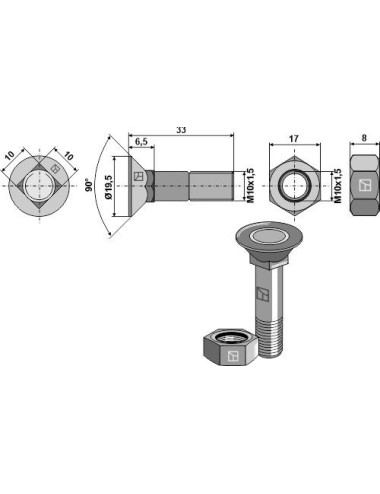 Boulon de charrue M10x1,5x33 et écrou hexagonal