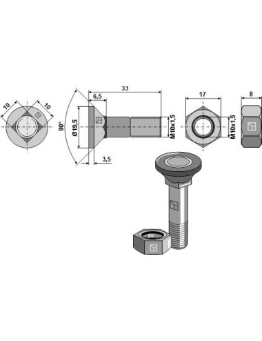 Boulon de charrue M10x1,5x33 et écrou hexagonal